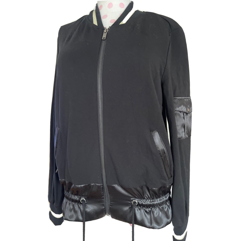 Katherine Barclay Women XS Black Jacket Rayon Glitter Stripe Faux Satin Bomber